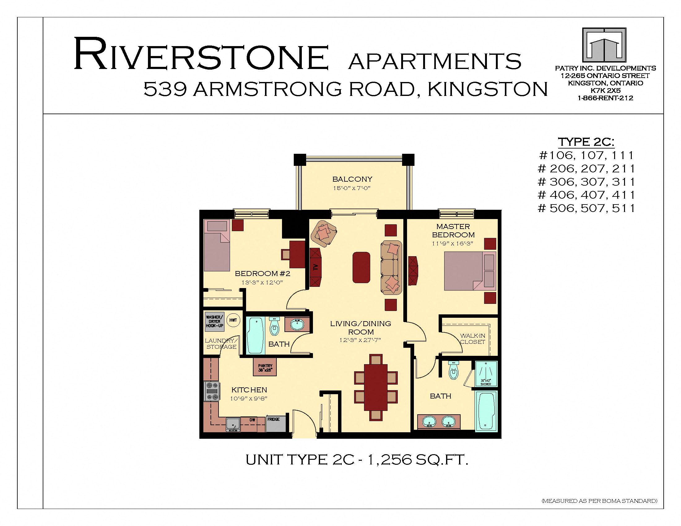 Floor plan for 2 beds, 2 baths, 1256 sqft